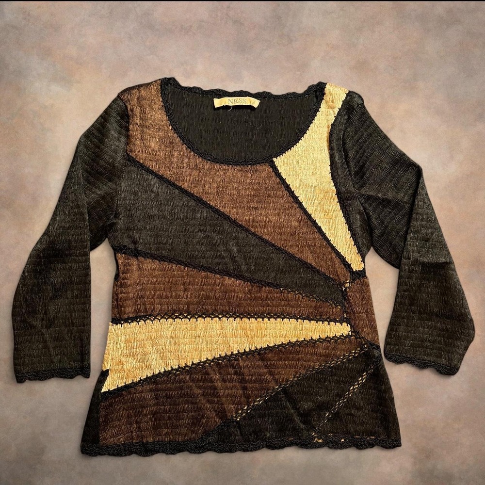 Vintage Y2K Brown Patchwork Crochet Long Sleeve Top